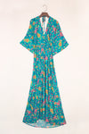 Green Boho Deep V Neck Floral Maxi Dress-Dresses-MomFashion