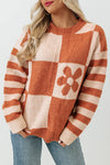 Brown Checkered Floral Print Striped Sleeve Sweater-Tops-MomFashion