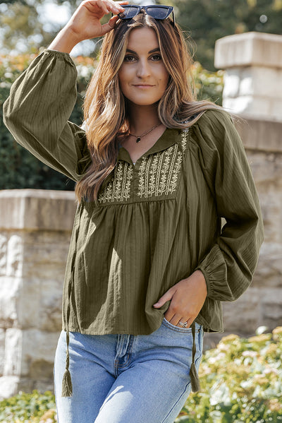 Green Embroidered Split Neck Pleated Loose Blouse-Tops-MomFashion