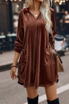 Coffee Collared V Neck Two Pockets Shift Velvet Dress-Dresses-MomFashion