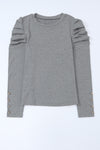 Gray Buttoned Puff Long Sleeve Sheath Top-Tops-MomFashion