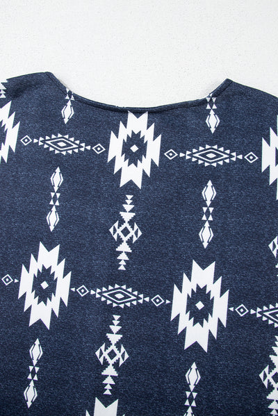 Gray Plus Size Aztec Print Exposed Seam Top-Plus Size-MomFashion