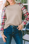 Apricot Plaid Raglan Sleeve Sweatshirt-Tops-MomFashion