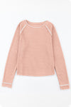 Apricot Pink Textured Round Neck Long Sleeve Top-Tops-MomFashion