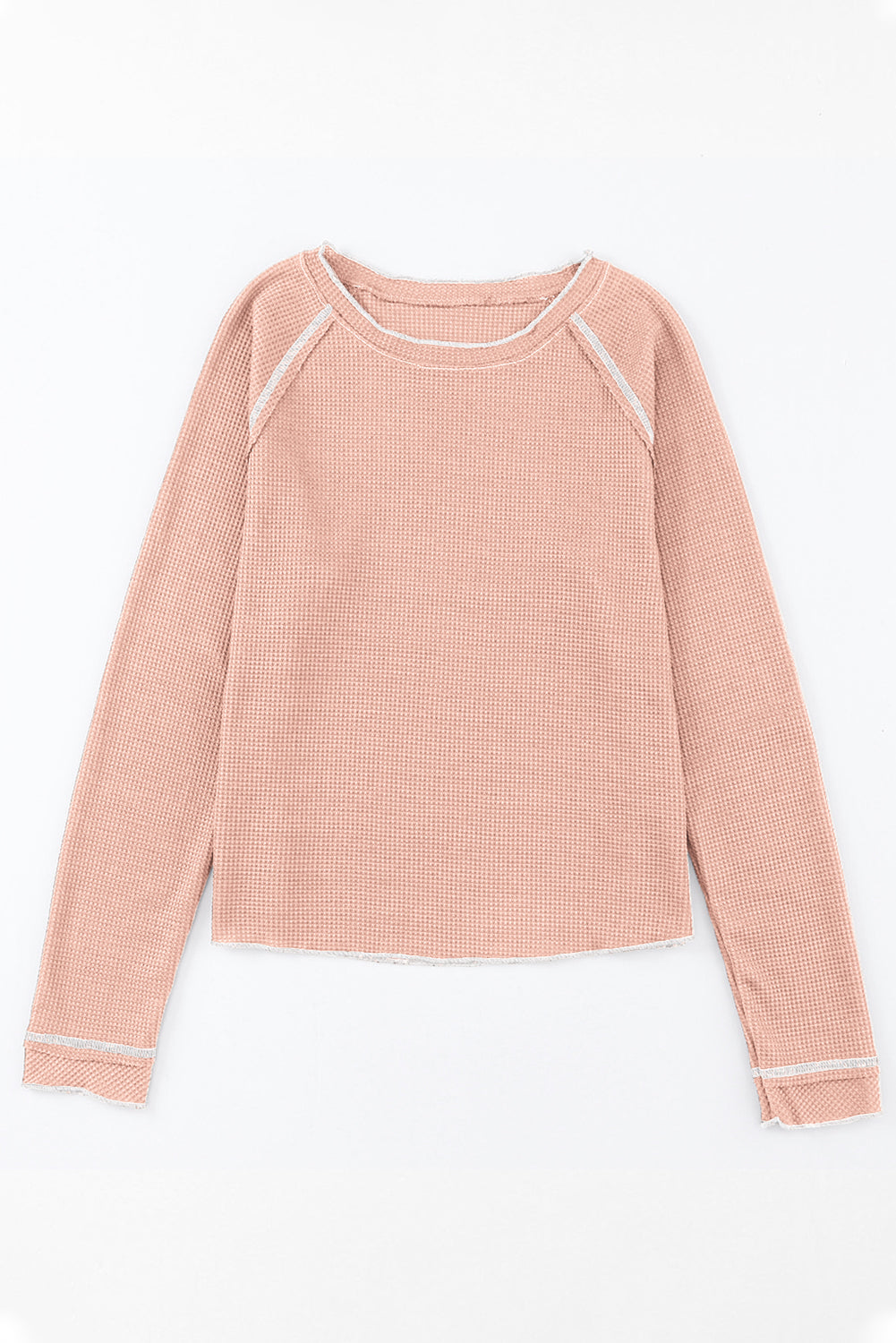 Apricot Pink Textured Round Neck Long Sleeve Top-Tops-MomFashion