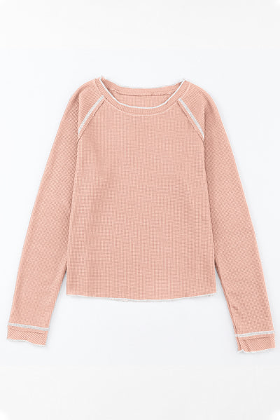 Apricot Pink Textured Round Neck Long Sleeve Top-Tops-MomFashion