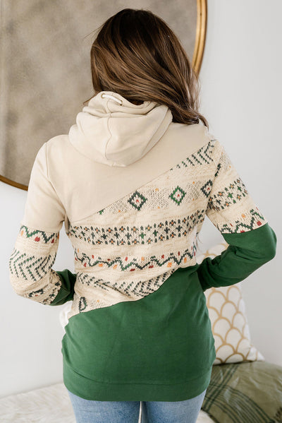 Blackish Green Geometric Color Block Patchwork Hoodie-Tops-MomFashion