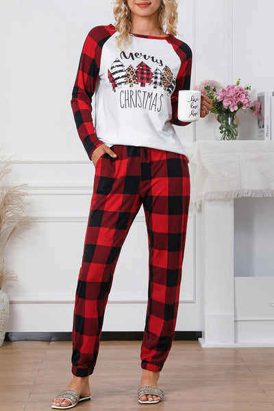 Fiery Red Plaid Merry Christmas Graphic Loungewear Set-Loungewear-MomFashion