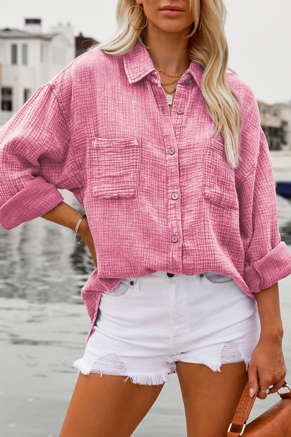 Pink Mineral Wash Crinkle Textured Chest Pockets Shirt-Tops-MomFashion