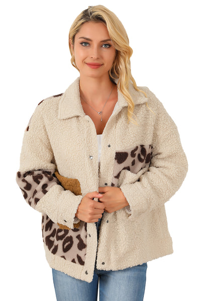 Beige Leopard Patchwork Snap Buttons Sherpa Jacket-Outerwear-MomFashion