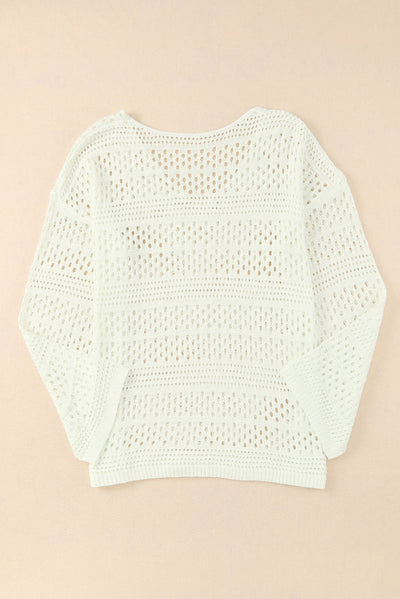 White Hollow Out Crochet V Neck Pullover Sweater-Swimwear-MomFashion