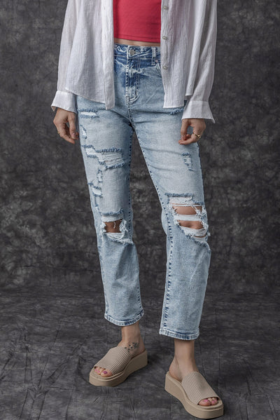 Sky Blue Light Wash Frayed Slim Fit High Waist Jeans-Bottoms-MomFashion