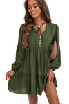 Green Lace Puff Sleeve Buttoned Tiered Ruffled Mini Dress-Dresses-MomFashion