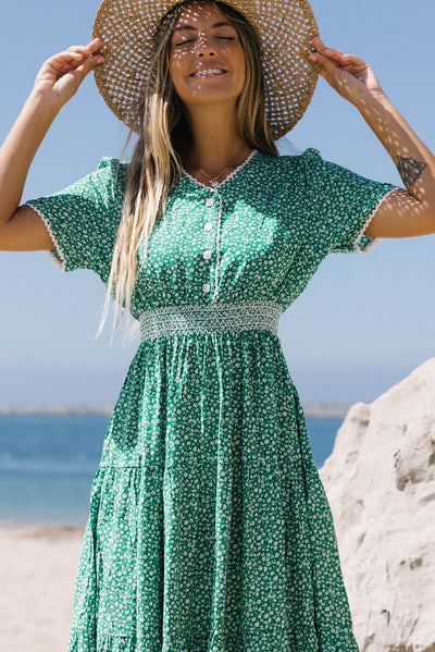 Green Floral Print Lace Splicing Flared High Waist Midi Dress-Dresses-MomFashion