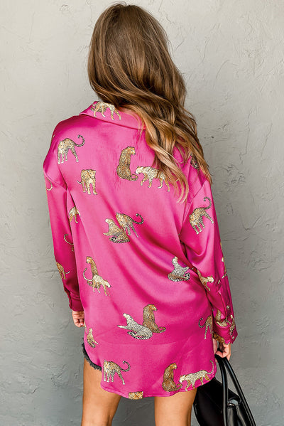 Rose Cheetah Animal Print Button Up Satin Shirt-Tops-MomFashion