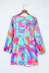 Multicolor Abstract Print Wrap V Neck Puff Sleeve Dress-Dresses-MomFashion