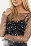 Black Pearl and Rhinestone Detail Sheer Mesh Top-Tops-MomFashion