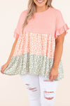 Pink Ruffled Short Sleeve Leopard Splicing Flowy Plus Size Top-Plus Size-MomFashion