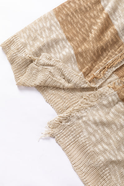 Khaki Stripe Lantern Sleeve Fringed Open Cardigan-Tops-MomFashion