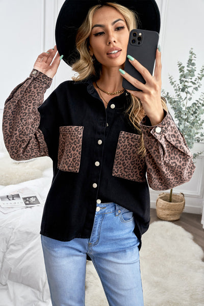 Black Contrast Leopard Denim Jacket-Outerwear-MomFashion