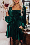 Green Tie Back Square Neck Velvet Babydoll Dress-Dresses-MomFashion