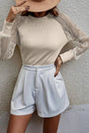 Apricot Striped Mesh Long Sleeve Crewneck Ribbed Top-Tops-MomFashion