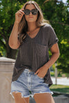 Carbon Grey Twist Short Sleeve Corded V Neck Top-Tops-MomFashion