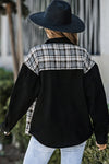 Black Plaid Patchwork Raw Hem Denim Jacket-Outerwear-MomFashion