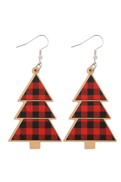 Fiery Red Plaid Christmas Tree Wooden Pendant Earrings-Accessories-MomFashion