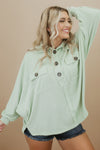 Green Plus Size Ribbed Pocketed Long Sleeve Henley Top-Plus Size-MomFashion