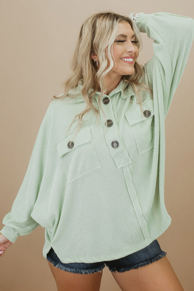 Green Plus Size Ribbed Pocketed Long Sleeve Henley Top-Plus Size-MomFashion