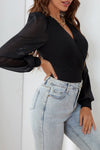 Black Solid Color V Neck Wrap Mesh Sleeves Bodysuit-Tops-MomFashion