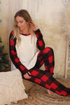 Red Plaid Raglan Sleeves Top and Drawstring Pants Lounge Set-Loungewear-MomFashion