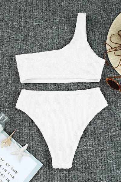 White Crinkle Textured Asymmetric One Shoulder Bikini Swimsuit-Swimwear-MomFashion