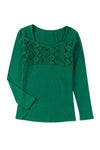 Green Lace Crochet V Neck Long Sleeve Top-Tops-MomFashion