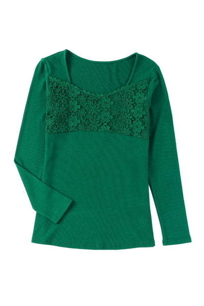 Green Lace Crochet V Neck Long Sleeve Top-Tops-MomFashion