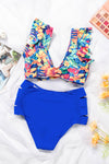 Floral Print Front Tie High Waist Bikini Swimsuit with Ruffles-Swimwear-MomFashion