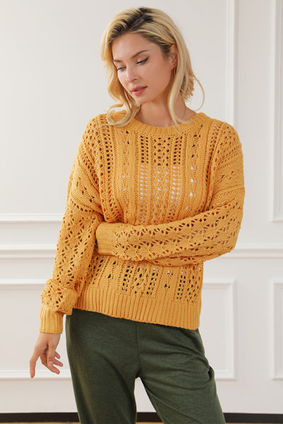 Ginger Cable Knit Hollow Out Drop Shoulder Sweater-Tops-MomFashion