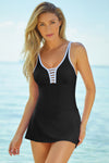 Black Strappy V Neck Side Split One-piece Swimdress-Swimwear-MomFashion