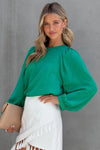 Green Satin Puff Long Sleeve Crewneck Blouse-Tops-MomFashion