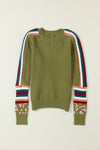 Green Leopard Contrast Striped Sleeve Ribbed Trim Sweater-Tops-MomFashion