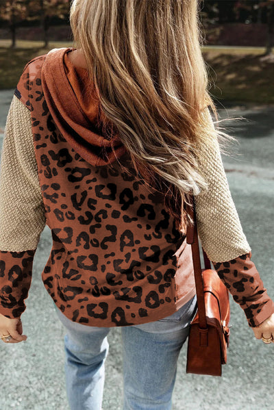 Brown Textured Knit Patchwork Leopard Hoodie-Tops-MomFashion