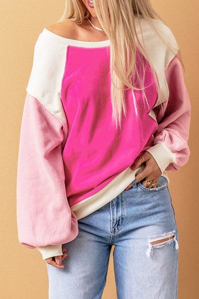 Rose Colorblock Long Sleeve Pullover Fleece Sweatshirt-Tops-MomFashion