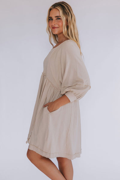 Oatmeal 3/4 Sleeves High Waist Slits Mini Dress-Dresses-MomFashion