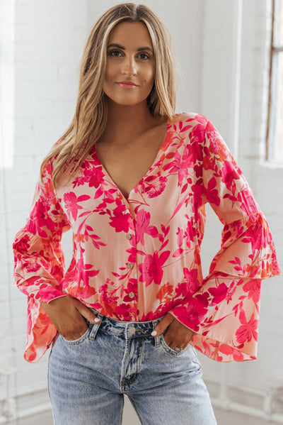 Pink Floral Print Tiered Bell Long Sleeve Buttoned Bodysuit-Tops-MomFashion