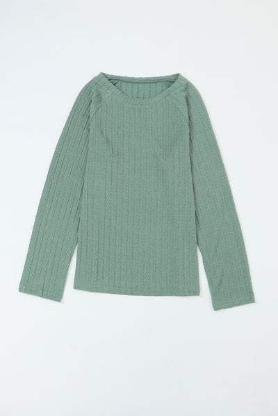 Green Ribbed Round Neck Knit Long Sleeve Top-Tops-MomFashion