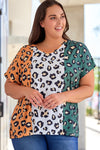 Yellow Plus Size Leopard Print Contrast T-Shirt-Plus Size-MomFashion