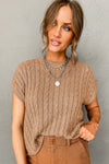 Light French Beige Crew Neck Cable Knit Short Sleeve Sweater-Tops-MomFashion