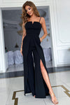 Black Spaghetti Straps Slit Leg Jumpsuit with Pockets-Bottoms-MomFashion