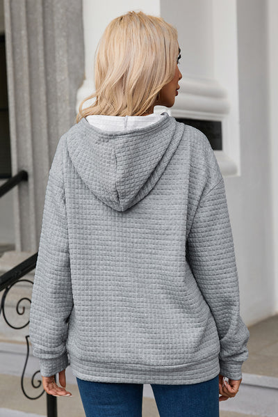 Gray Quilted Kangaroo Pocket Drawstring Hoodie-Tops-MomFashion